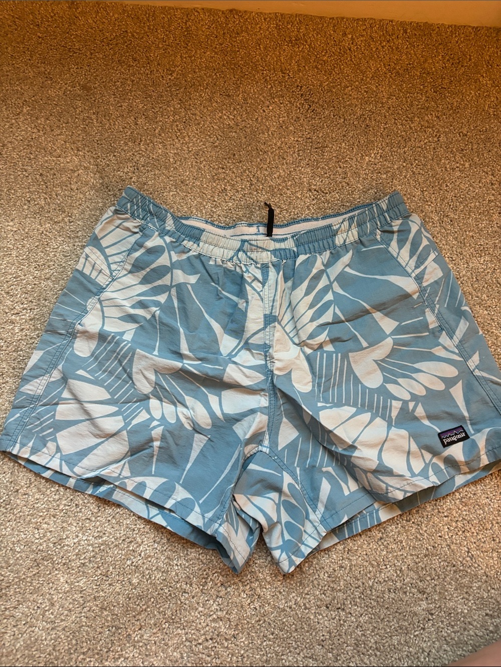 Patagonia Light Blue & White Leaf-Print Swim Shorts
